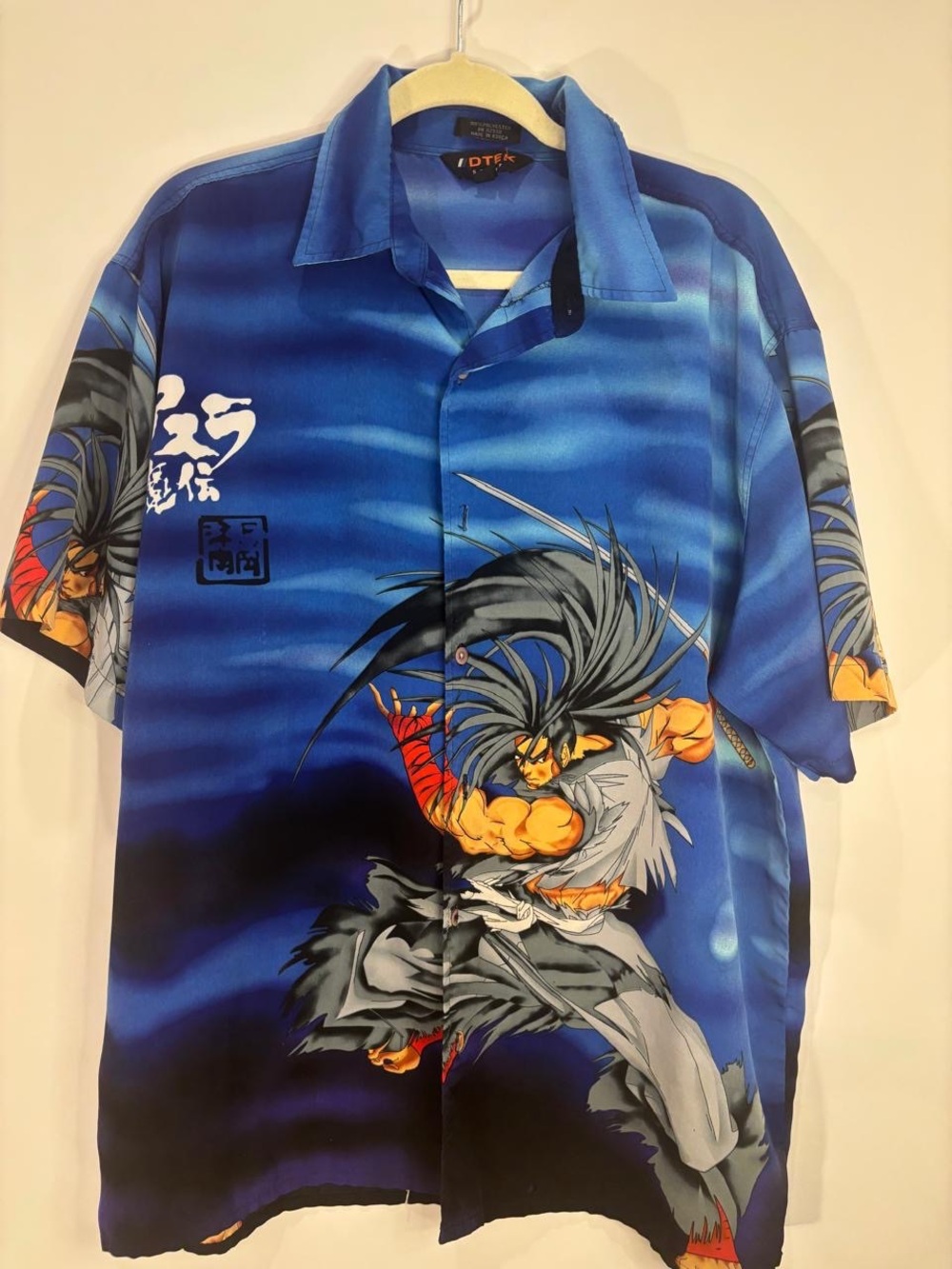 DTEK SPORT Men's Blue Anime Graphic Print Button-Up Shirt, Short Sleeve, Size L